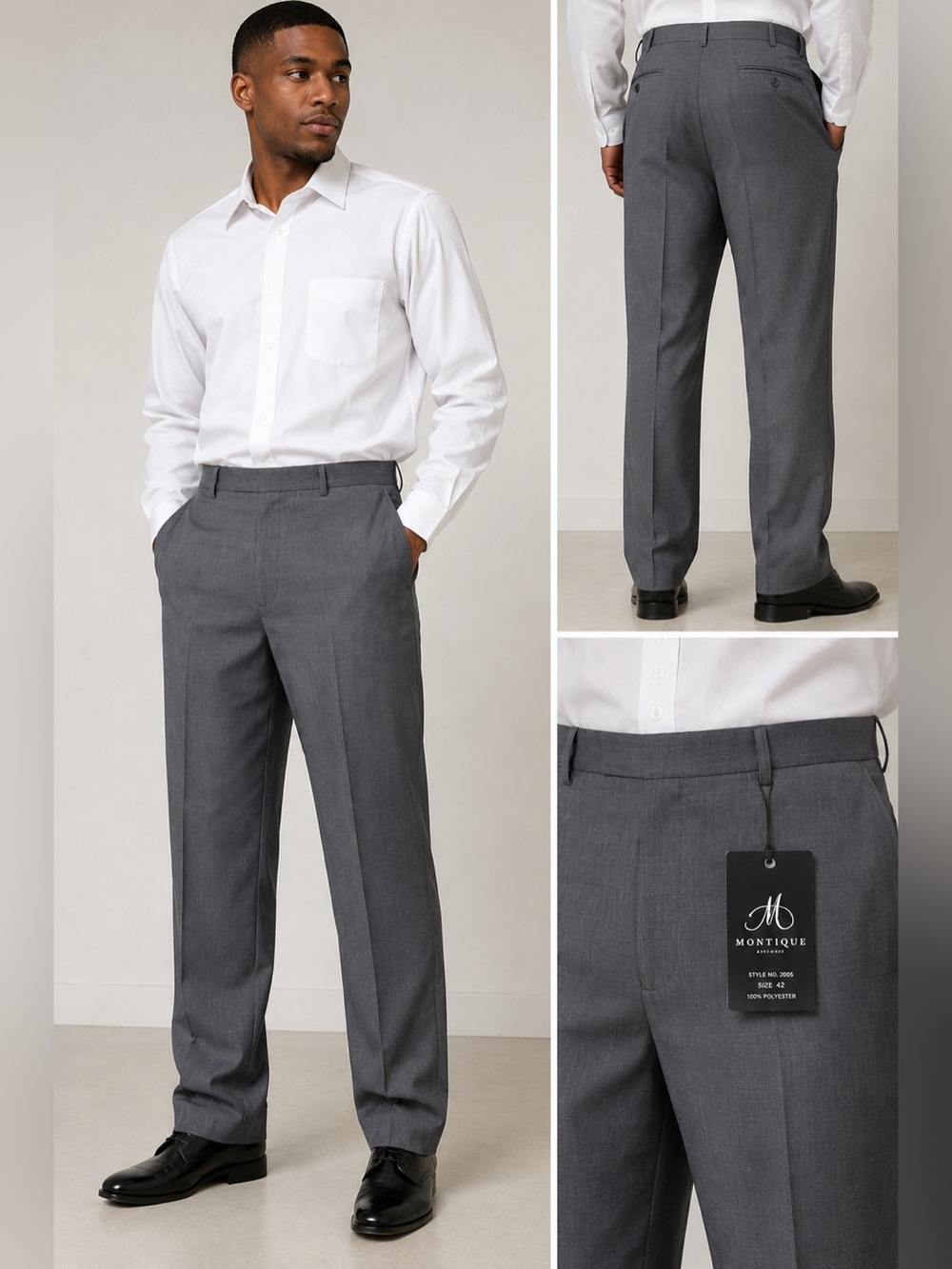 NWT Montique Gray Dress Pants Men’s Size 42 Flat Front Tailored Slacks